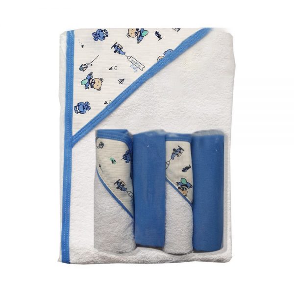 Set de toalla y babitas para bebé, azul, 90 cm x 60 cm.