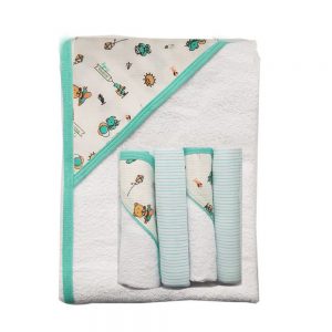 Set de toalla y cuatro babitas para bebé, verde , 90x60cm