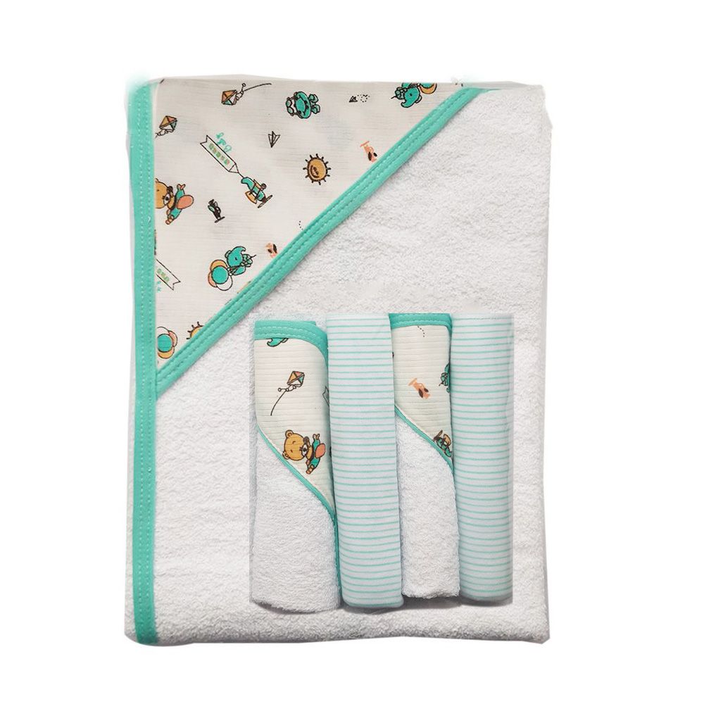 Set de toalla y cuatro babitas para bebé, verde , 90x60cm - Landi